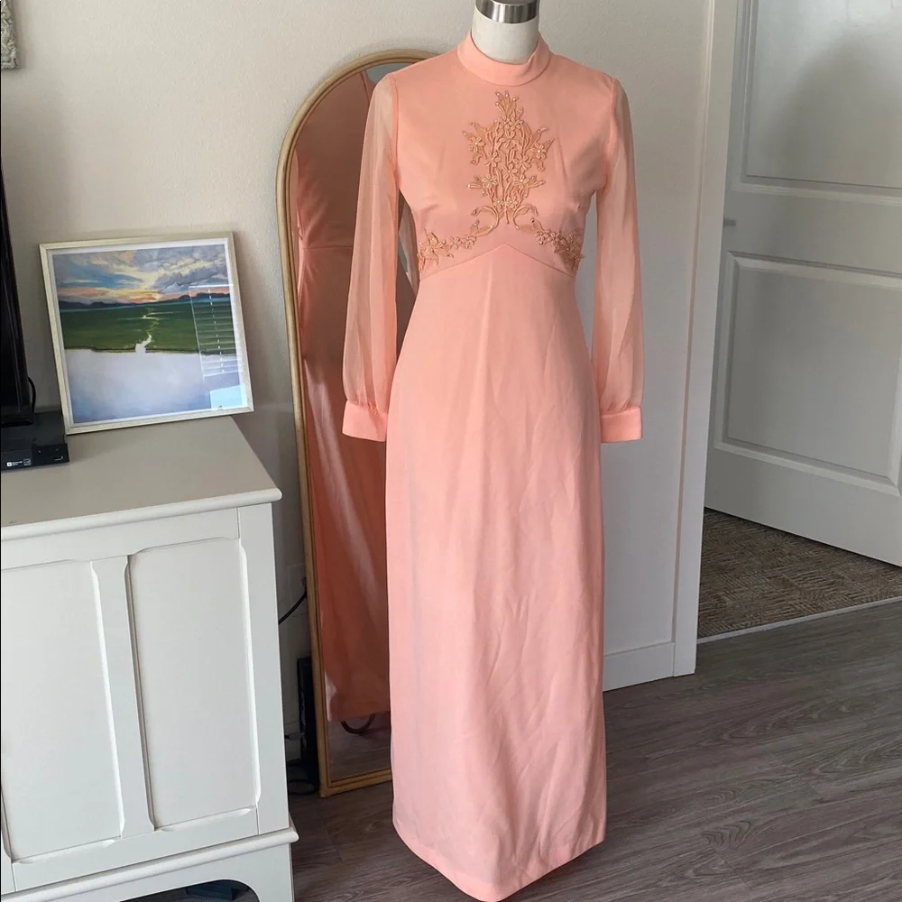 Vintage 1970s Coral Embellished Maxi Dress